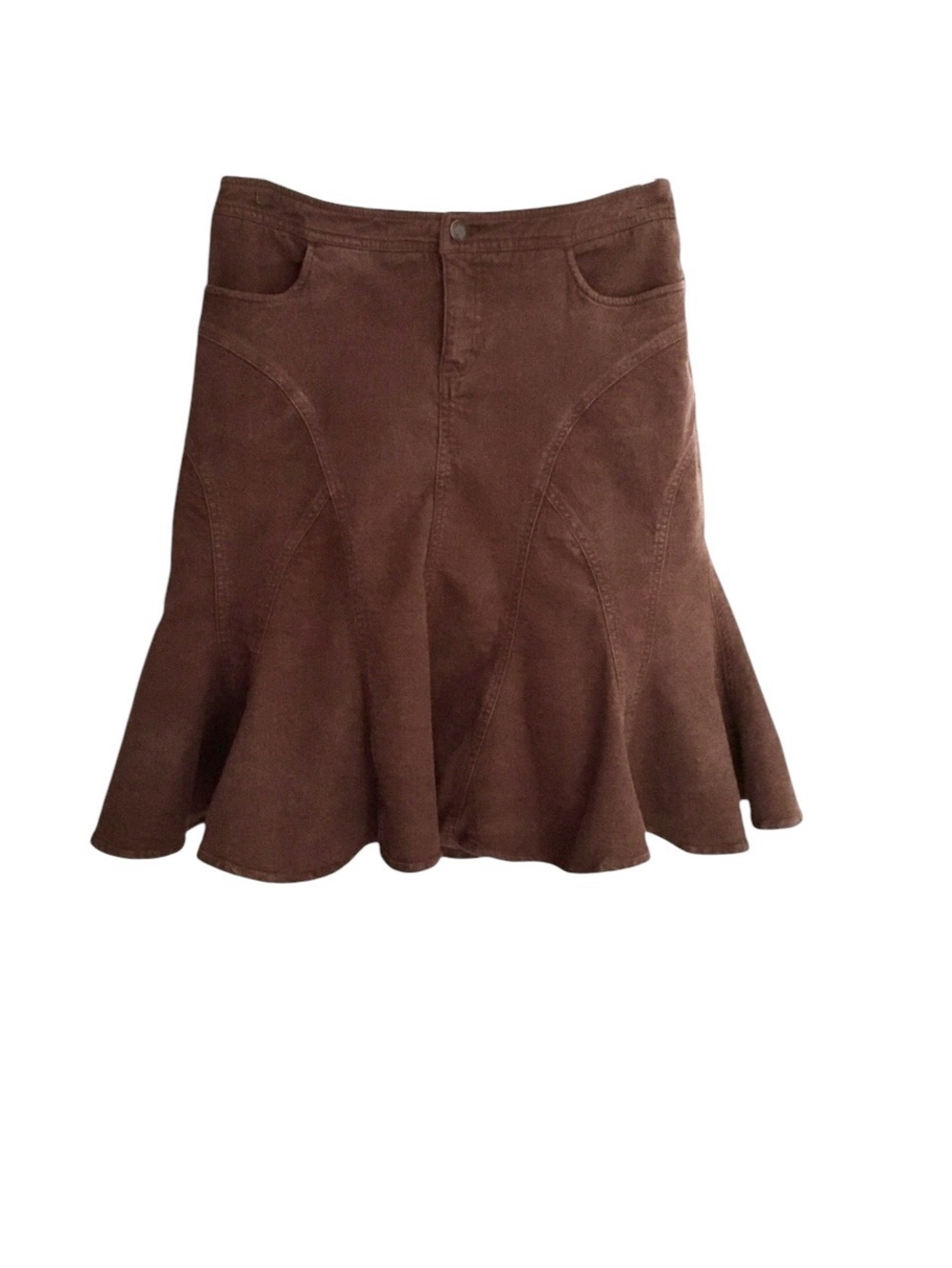 Bandolino Denim Skirt Chocolate Brown Ruffle Boho Festival Cowgirl | Size 8